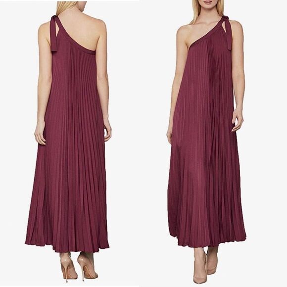 BCBGMAXAZRIA Boho Pleated Strapless Tie-Shoulder Maxi Burgundy S - Picture 2 of 5